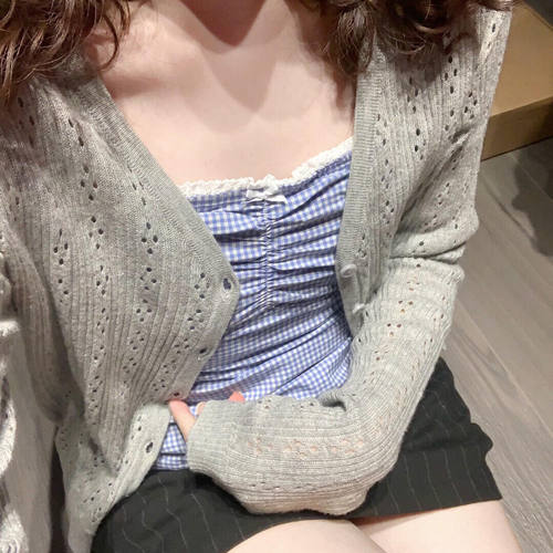 brandy girl深灰色镂空排扣针织开衫长袖薄款外套防晒上衣新款