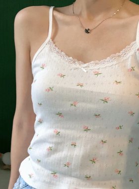 Brandy Girl新款蕾丝边小碎花印花吊带bm短款少女风背心打底女