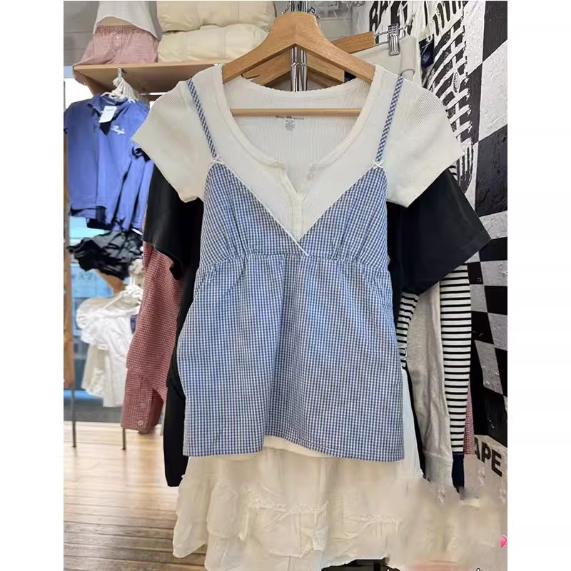Brandy bm新款蓝白格子蝴蝶结吊带背心女纯棉修身显瘦辣妹上衣