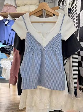 Brandy bm新款蓝白格子蝴蝶结吊带背心女纯棉修身显瘦辣妹上衣