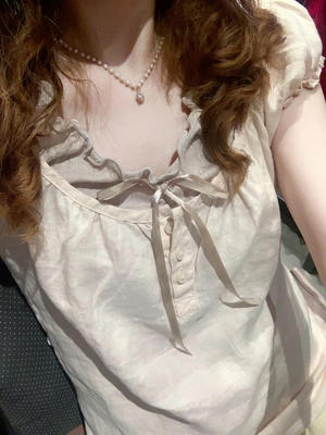 Brandy girl bm三粒扣浅粉泡泡袖亚麻短袖衬衫上衣女显瘦短款T恤