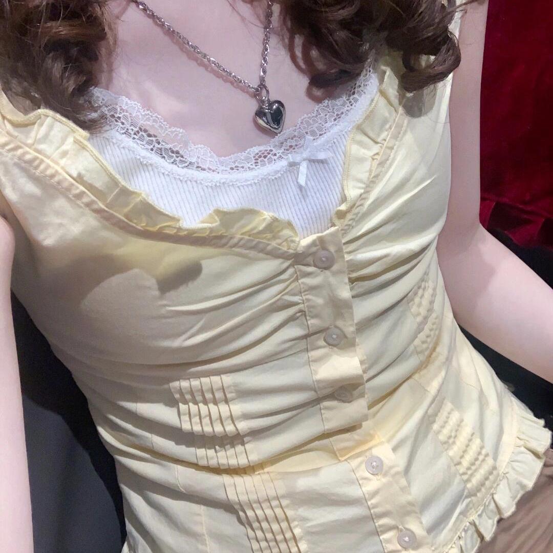 Brandy Bm小鸡黄纯欲风短袖甜美木耳边V领衬衫开衫夏季新短上衣