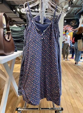 Brandy Girl小清新V领吊带裙bm碎花连衣裙女花边纽扣系带长裙