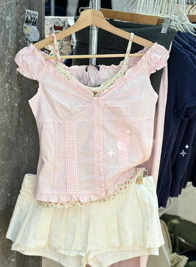 Brandy bm纯棉法式粉色甜美荷叶边飞飞袖衬衫短袖女上衣2025新款