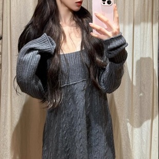 Branydy bm法式温柔慵懒风灰色长袖针织连衣裙女显瘦高级感短裙