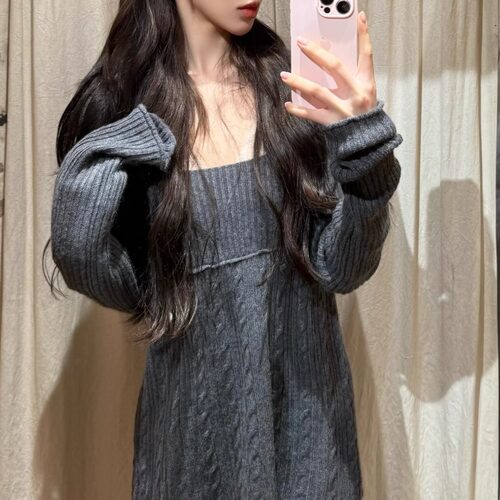 Branydy bm法式温柔慵懒风灰色长袖针织连衣裙女显瘦高级感短裙