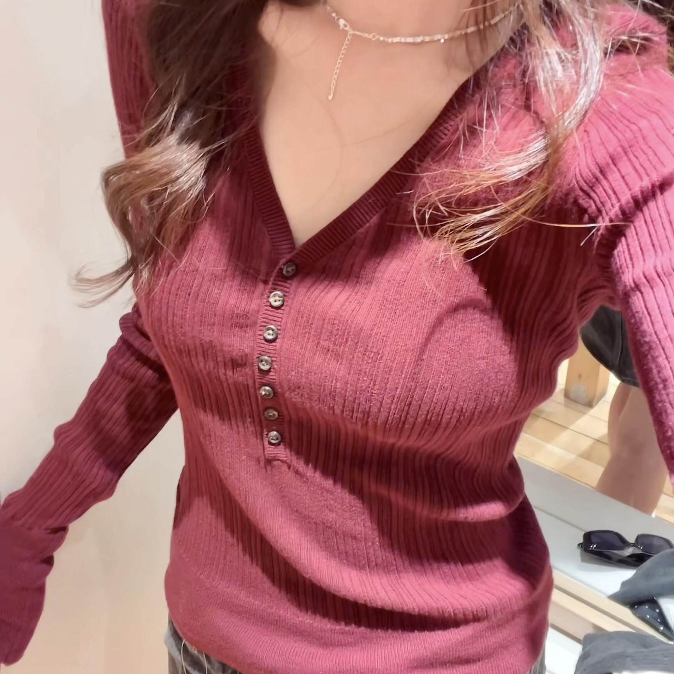 Brandy bm复古酒红七粒扣V领长袖T恤针织衫女修身显瘦打底衫上衣