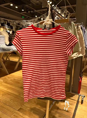 Brandy Girl红色条纹T恤女夏季2022新款bm圆领短袖T恤ins潮女