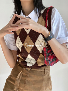 Brandy 复古学院风菱形格子撞色BM针织马甲背心马夹女 girl美式