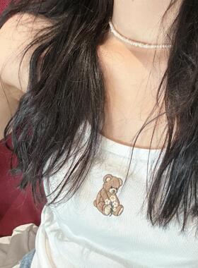 Brandy BM新款圆领小熊刺绣纯棉吊带背心女bm修身显瘦短款上衣夏