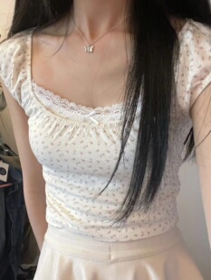 Brandy Girl bm方领碎花上衣内搭法式纯欲夏季纯棉短袖T恤女短款