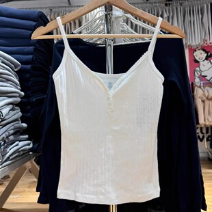 春季新款纯棉纯棉白色v领四粒扣BM吊带背心女打底衫镂空BM上衣