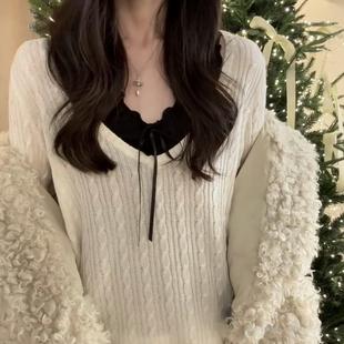 毛衣女早春辛苦宽松显瘦打底上衣 bm白色V领麻花长袖 Brandy girl