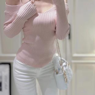 针织衫 长袖 女bm后背露背一字肩上衣 粉色露肩修身 BM智秀同款