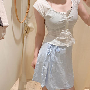 Brandy bm风蓝色碎花一片式半身裙女夏高腰系带A字裙学院风短裙