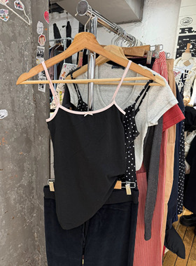 Brandy bm紫色撞色边黑色蝴蝶结吊带背心女甜美撞色边百搭上衣