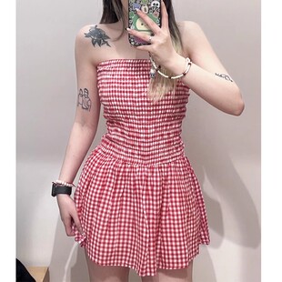 Brandy bm绝美小个子红色复古格子修身抹胸连衣裙收腰a字短款女