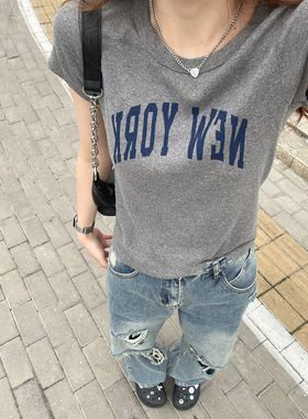 BM灰色短袖女夏季正肩修身T恤美式复古newyork印花潮短款上衣ins