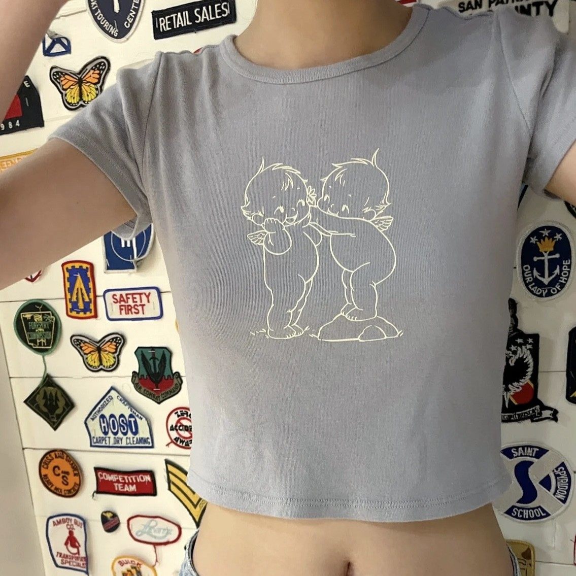 brandy girl新款雾霾蓝天使宝宝印花上衣bm修身甜辣短袖T恤女