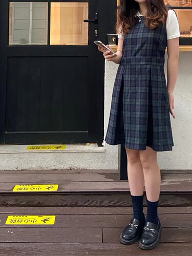 收腰格子方领辣妹bm连衣裙