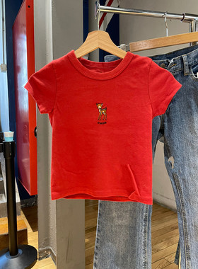 Brandy Girl小鹿刺绣红色纯棉bm正肩短袖T恤女夏2023短款上衣