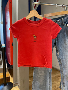 上衣 T恤女夏2023短款 Brandy Girl小鹿刺绣红色纯棉bm正肩短袖
