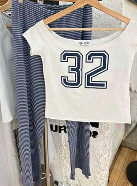 bm短袖大圆领数字32印花白色卷边一字领纯棉短款露脐上衣女T恤