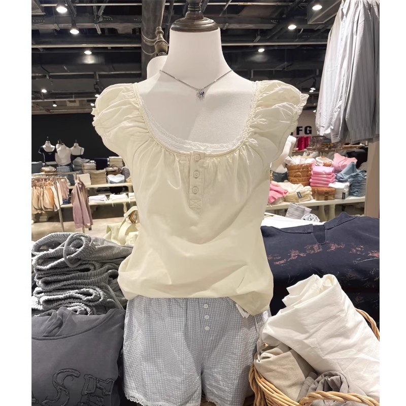 Brandy bm新款浅黄色圆领三粒扣泡泡短袖亚麻衬衫女bm纯色上衣
