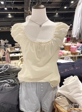 Brandy bm新款浅黄色圆领三粒扣泡泡短袖亚麻衬衫女bm纯色上衣