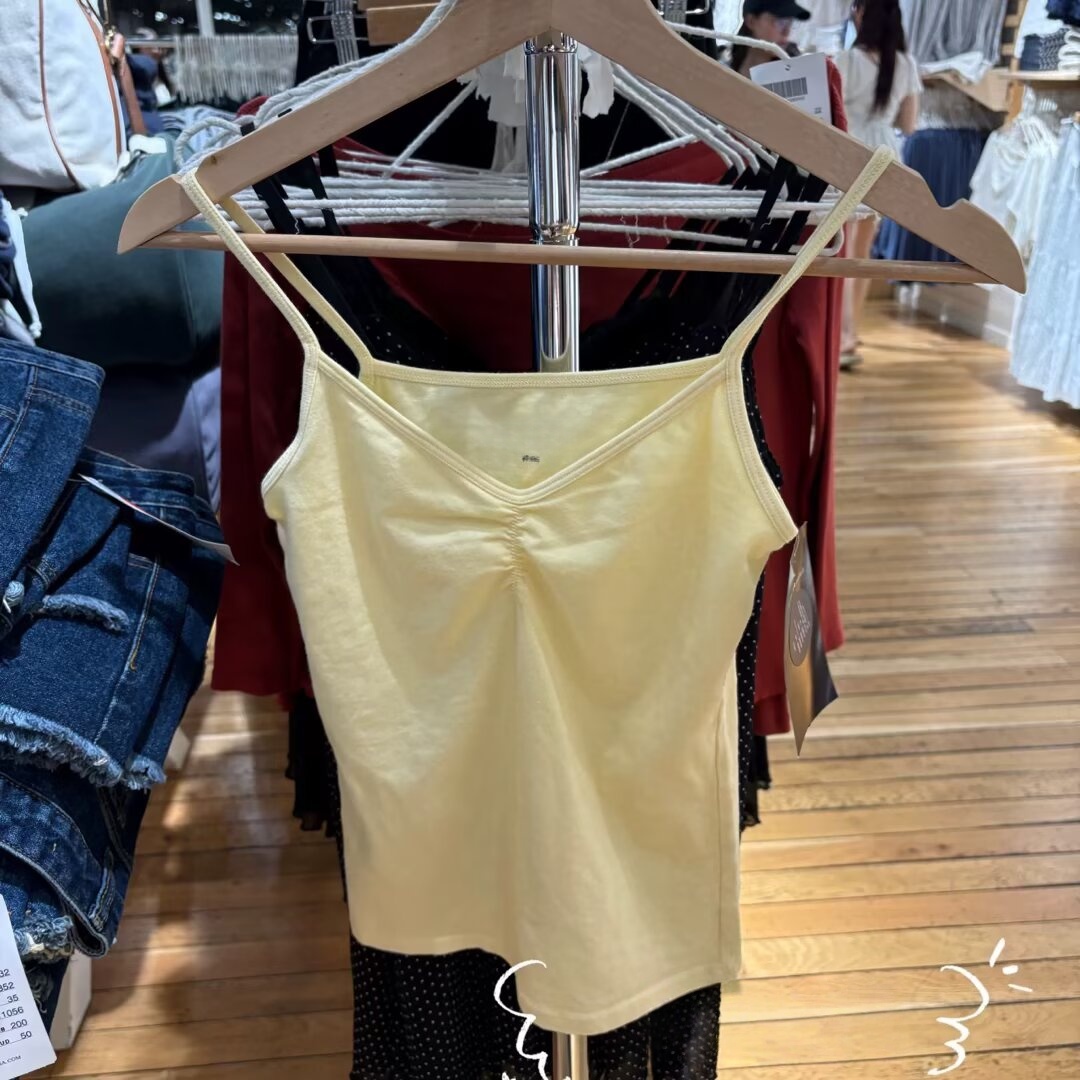 Brandy bm新款美式复古黄色褶皱吊带背心bm辣妹修身显瘦上衣女
