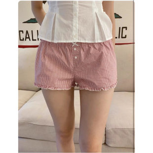 Brandy bm美式复红格纹短裤松紧腰休闲裤女夏新款宽松显瘦居家裤