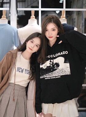 Brandy Girl黑色bm春秋新科罗拉多州滑雪卫衣黑色连帽宽松卫衣