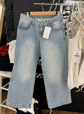 brandy新款蓝色水洗红字newyork字母刺绣牛仔裤女bm低腰阔腿长裤
