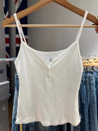 Brandy新款白色花边V领纯棉小吊带修身背心女夏季bm甜美无袖上衣