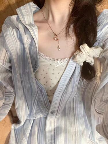 蓝色条纹长袖衬衫外套女