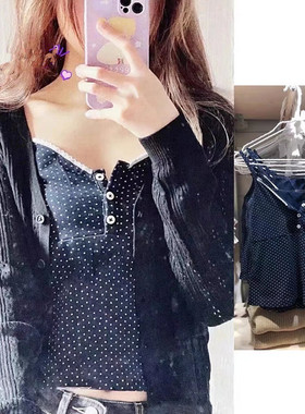 Brandy Girl bm官网复古纯欲藏蓝色波点纯棉吊带背心女夏外穿