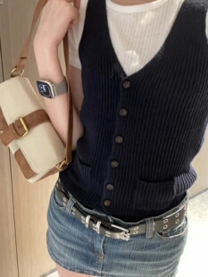 复古单排扣V领马甲女bm螺纹针织背心纽扣上衣 美式 Brandy Girl新款