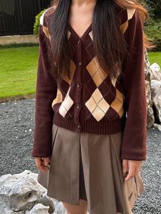 毛衣外套女 复古学院菱形格V领针织开衫 Brandy Girl初秋bm美式