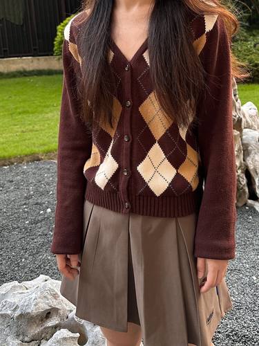 bm美式复古菱形格子V领针织开衫