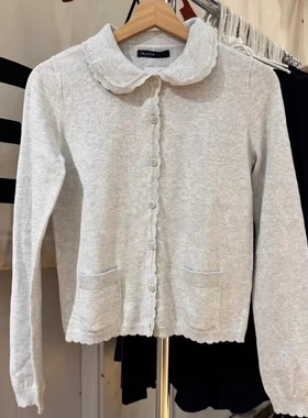 Brandy BM娃娃领花边针织开衫女灰色单排扣修身百搭毛衣外套上衣