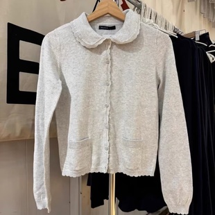 百搭毛衣外套上衣 女灰色单排扣修身 Brandy BM娃娃领花边针织开衫