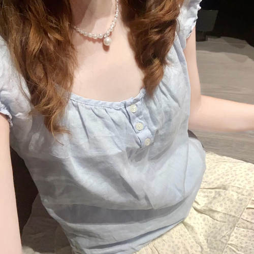 Brandy BM美式复古浅蓝泡泡袖短袖衬衫女夏季新款修身显瘦上衣