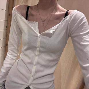 bm蕾丝拼接大圆领白色纯棉长袖 短上衣女 T恤女2025纯欲风辣妹修身