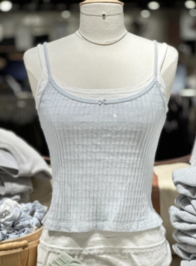 brandy新款浅蓝色花边蝴蝶结短款小吊带背心女纯欲风bm外穿上衣