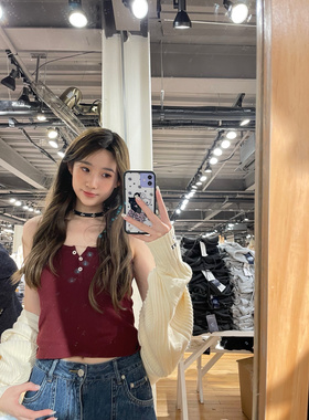 brandy华夫格纹背心女bm三粒扣纯色吊带毛边打底上衣sheena tank