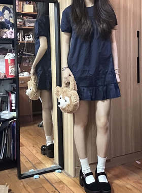 Brandy BM风圆领藏蓝色荷叶边泡泡袖连衣裙女短袖bm裙子显瘦纯棉