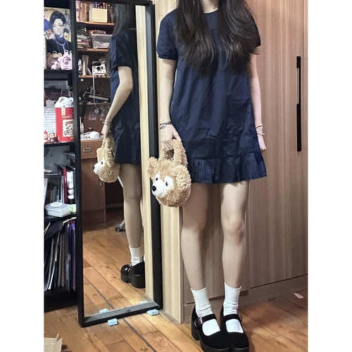 Brandy BM风圆领藏蓝色荷叶边泡泡袖连衣裙女短袖bm裙子显瘦纯棉