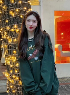 Brandy Girl BM美式复古绿色老鹰刺绣圆领宽松卫衣女秋冬上衣