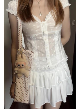 Brandy bm小花刺绣褶皱花边领BM短袖上衣单排扣小飞袖棉质T恤