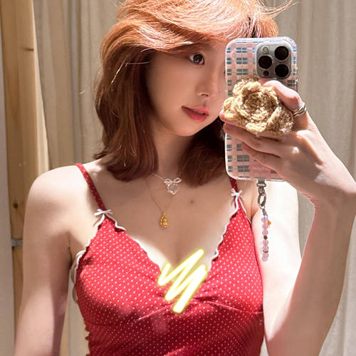 Brandy bm红色波点双蝴蝶结木耳边V领背心吊带辣妹纯欲上衣女